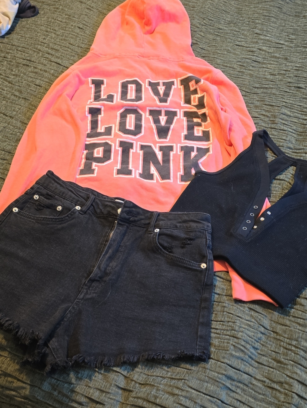 PINK Victoria's Secret Coral Pink 'LOVE LOVE PINK' Hoodie Shorts & Tank Like New